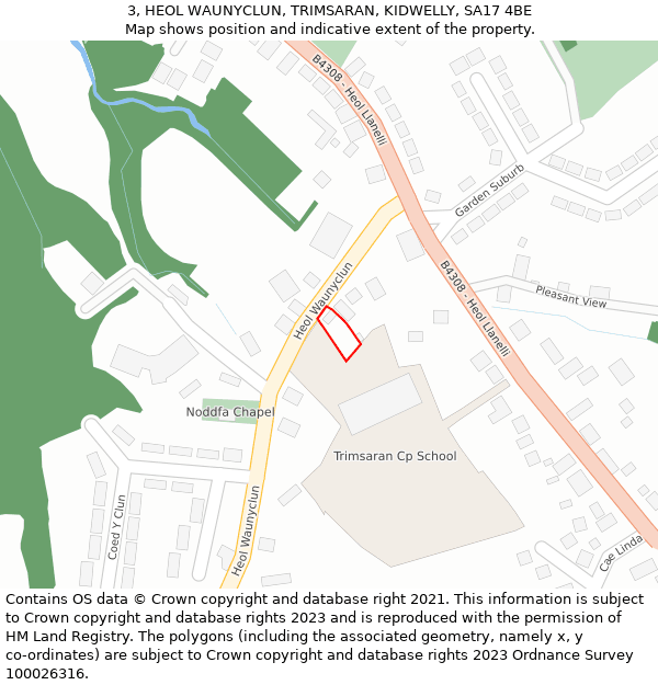 3, HEOL WAUNYCLUN, TRIMSARAN, KIDWELLY, SA17 4BE: Location map and indicative extent of plot