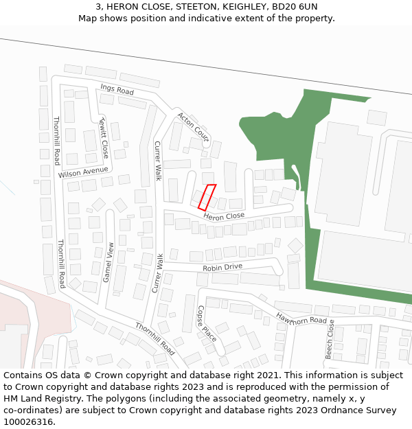 3, HERON CLOSE, STEETON, KEIGHLEY, BD20 6UN: Location map and indicative extent of plot