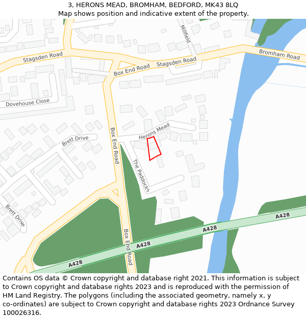 3, HERONS MEAD, BROMHAM, BEDFORD, MK43 8LQ: Location map and indicative extent of plot