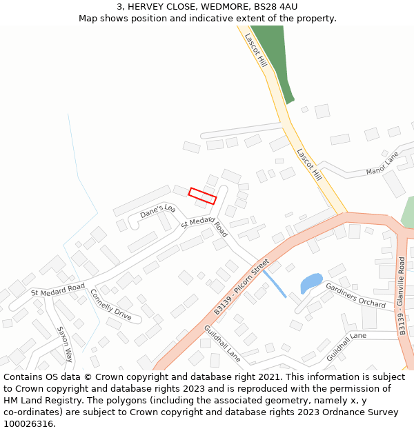 3, HERVEY CLOSE, WEDMORE, BS28 4AU: Location map and indicative extent of plot