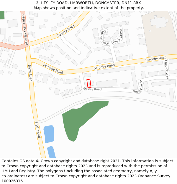 3, HESLEY ROAD, HARWORTH, DONCASTER, DN11 8RX: Location map and indicative extent of plot