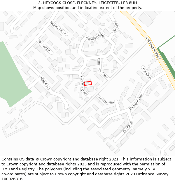 3, HEYCOCK CLOSE, FLECKNEY, LEICESTER, LE8 8UH: Location map and indicative extent of plot