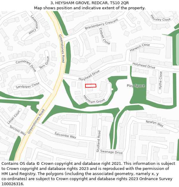 3, HEYSHAM GROVE, REDCAR, TS10 2QR: Location map and indicative extent of plot