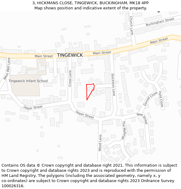 3, HICKMANS CLOSE, TINGEWICK, BUCKINGHAM, MK18 4PP: Location map and indicative extent of plot