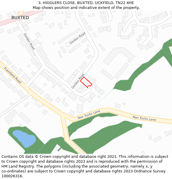 3, HIGGLERS CLOSE, BUXTED, UCKFIELD, TN22 4HE: Location map and indicative extent of plot