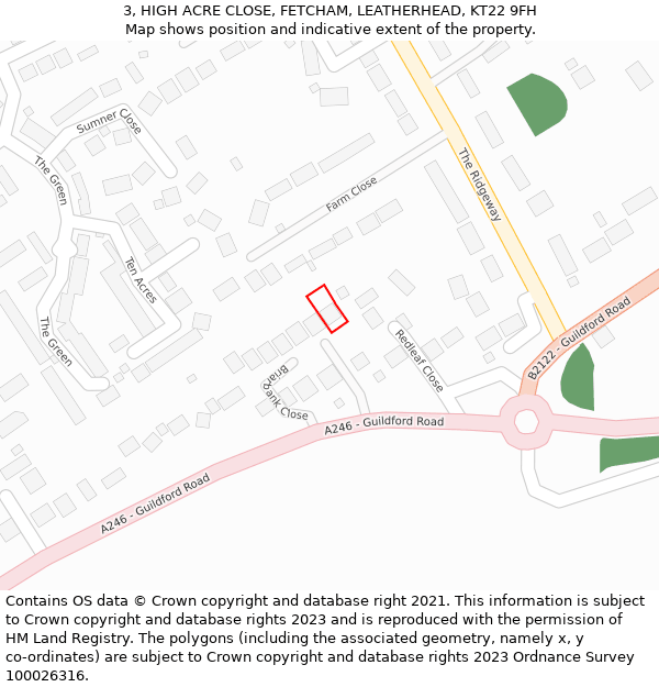 3, HIGH ACRE CLOSE, FETCHAM, LEATHERHEAD, KT22 9FH: Location map and indicative extent of plot