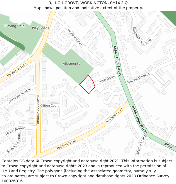 3, HIGH GROVE, WORKINGTON, CA14 3JQ: Location map and indicative extent of plot