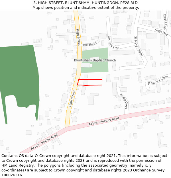 3, HIGH STREET, BLUNTISHAM, HUNTINGDON, PE28 3LD: Location map and indicative extent of plot