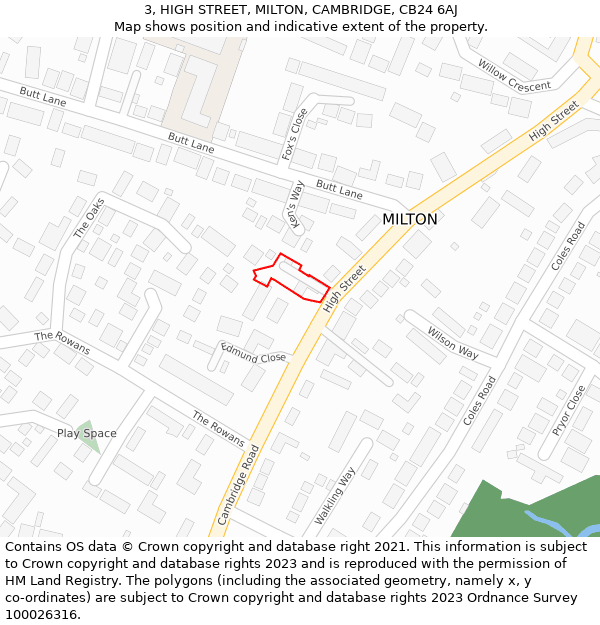 3, HIGH STREET, MILTON, CAMBRIDGE, CB24 6AJ: Location map and indicative extent of plot