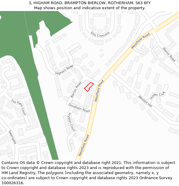 3, HIGHAM ROAD, BRAMPTON BIERLOW, ROTHERHAM, S63 6FY: Location map and indicative extent of plot