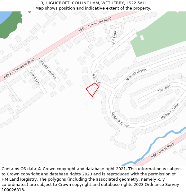 3, HIGHCROFT, COLLINGHAM, WETHERBY, LS22 5AH: Location map and indicative extent of plot