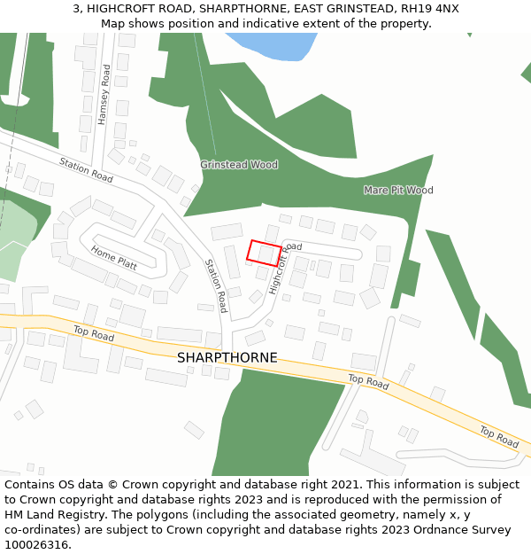 3, HIGHCROFT ROAD, SHARPTHORNE, EAST GRINSTEAD, RH19 4NX: Location map and indicative extent of plot