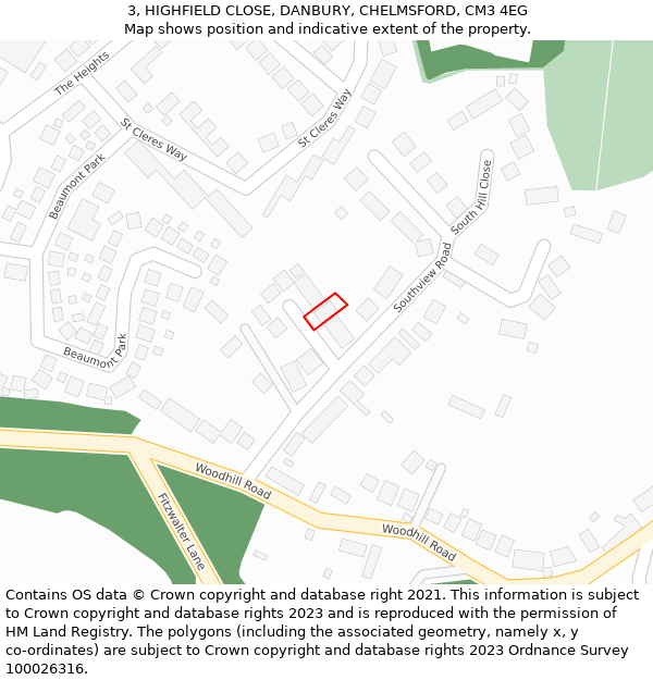 3, HIGHFIELD CLOSE, DANBURY, CHELMSFORD, CM3 4EG: Location map and indicative extent of plot