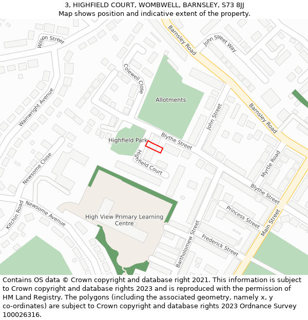 3, HIGHFIELD COURT, WOMBWELL, BARNSLEY, S73 8JJ: Location map and indicative extent of plot