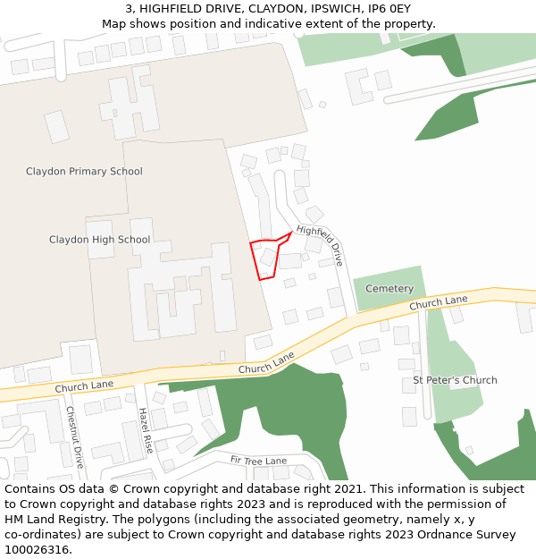 3, HIGHFIELD DRIVE, CLAYDON, IPSWICH, IP6 0EY: Location map and indicative extent of plot