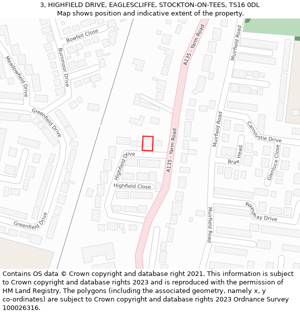 3, HIGHFIELD DRIVE, EAGLESCLIFFE, STOCKTON-ON-TEES, TS16 0DL: Location map and indicative extent of plot