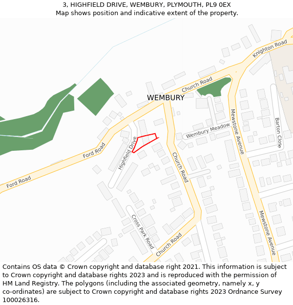 3, HIGHFIELD DRIVE, WEMBURY, PLYMOUTH, PL9 0EX: Location map and indicative extent of plot