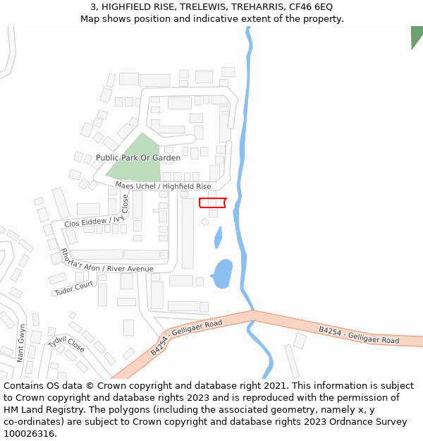 3, HIGHFIELD RISE, TRELEWIS, TREHARRIS, CF46 6EQ: Location map and indicative extent of plot