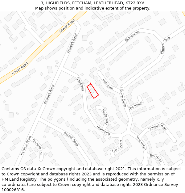 3, HIGHFIELDS, FETCHAM, LEATHERHEAD, KT22 9XA: Location map and indicative extent of plot