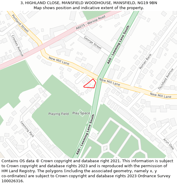 3, HIGHLAND CLOSE, MANSFIELD WOODHOUSE, MANSFIELD, NG19 9BN: Location map and indicative extent of plot