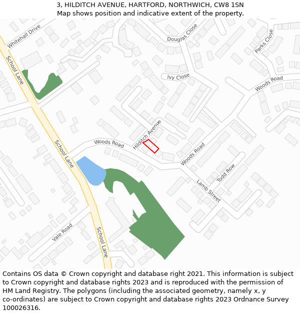 3, HILDITCH AVENUE, HARTFORD, NORTHWICH, CW8 1SN: Location map and indicative extent of plot