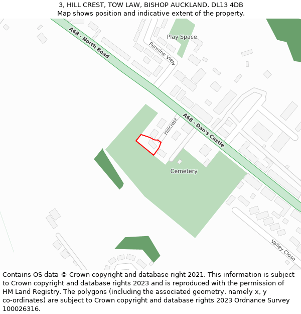 3, HILL CREST, TOW LAW, BISHOP AUCKLAND, DL13 4DB: Location map and indicative extent of plot