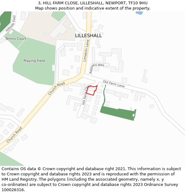 3, HILL FARM CLOSE, LILLESHALL, NEWPORT, TF10 9HU: Location map and indicative extent of plot