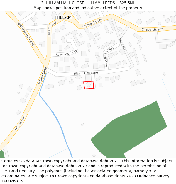 3, HILLAM HALL CLOSE, HILLAM, LEEDS, LS25 5NL: Location map and indicative extent of plot