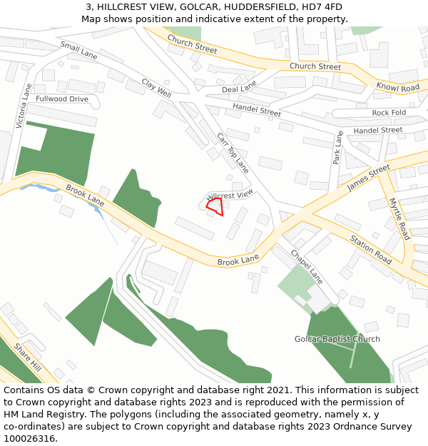 3, HILLCREST VIEW, GOLCAR, HUDDERSFIELD, HD7 4FD: Location map and indicative extent of plot
