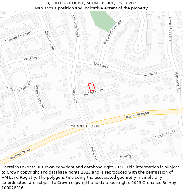 3, HILLFOOT DRIVE, SCUNTHORPE, DN17 2RY: Location map and indicative extent of plot