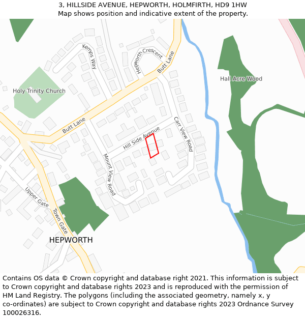 3, HILLSIDE AVENUE, HEPWORTH, HOLMFIRTH, HD9 1HW: Location map and indicative extent of plot