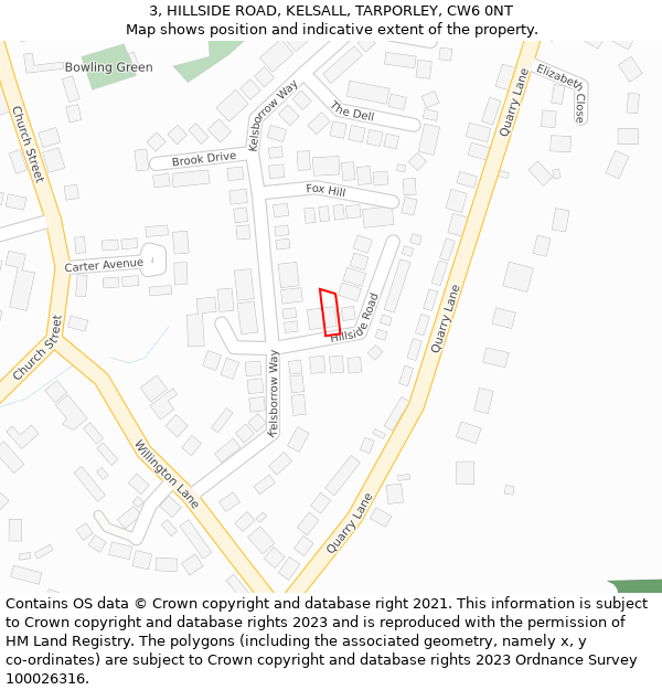 3, HILLSIDE ROAD, KELSALL, TARPORLEY, CW6 0NT: Location map and indicative extent of plot