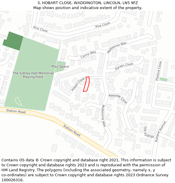 3, HOBART CLOSE, WADDINGTON, LINCOLN, LN5 9FZ: Location map and indicative extent of plot