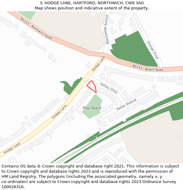 3, HODGE LANE, HARTFORD, NORTHWICH, CW8 3AG: Location map and indicative extent of plot