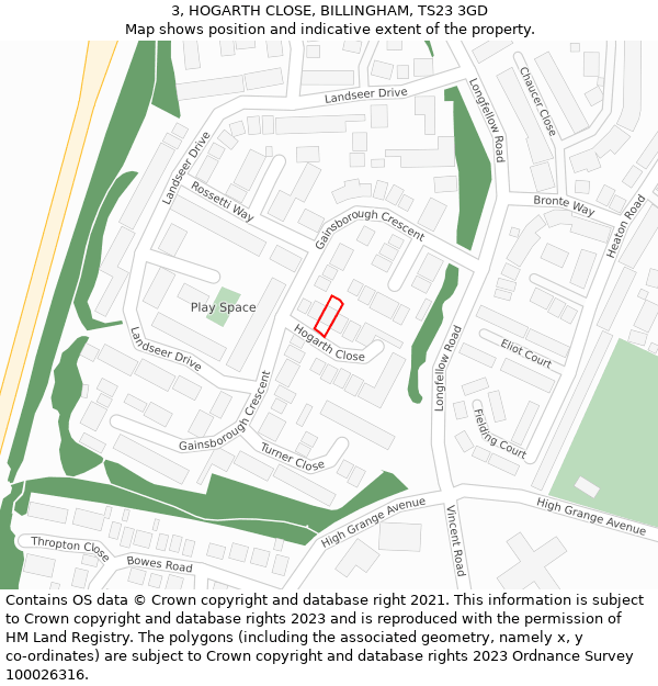 3, HOGARTH CLOSE, BILLINGHAM, TS23 3GD: Location map and indicative extent of plot