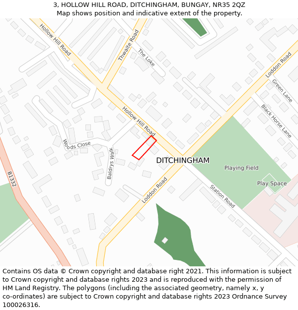 3, HOLLOW HILL ROAD, DITCHINGHAM, BUNGAY, NR35 2QZ: Location map and indicative extent of plot