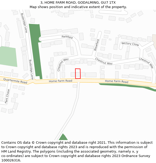 3, HOME FARM ROAD, GODALMING, GU7 1TX: Location map and indicative extent of plot