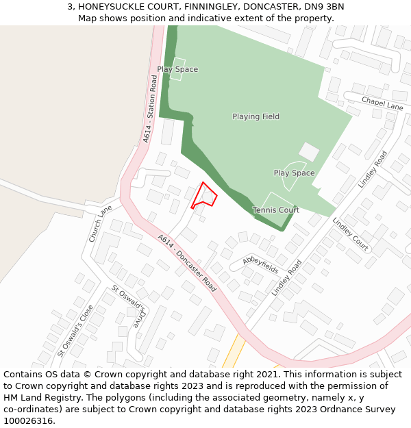 3, HONEYSUCKLE COURT, FINNINGLEY, DONCASTER, DN9 3BN: Location map and indicative extent of plot