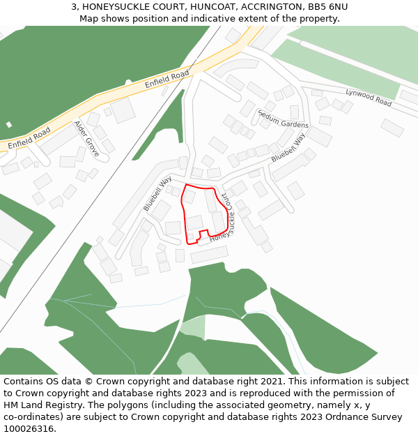 3, HONEYSUCKLE COURT, HUNCOAT, ACCRINGTON, BB5 6NU: Location map and indicative extent of plot