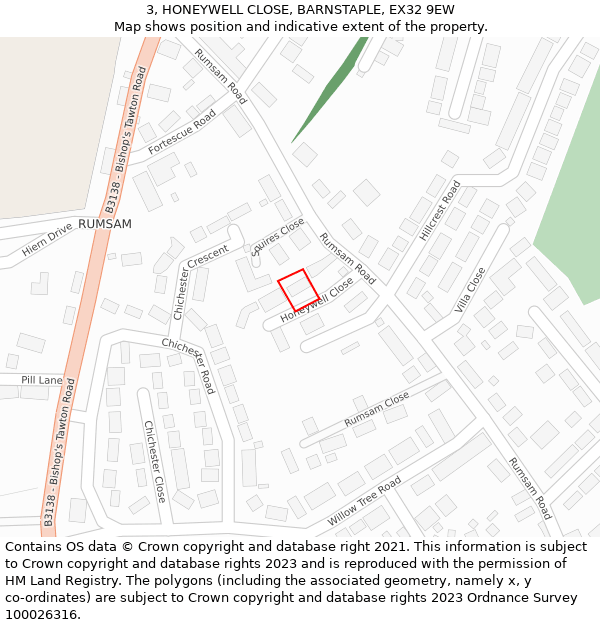 3, HONEYWELL CLOSE, BARNSTAPLE, EX32 9EW: Location map and indicative extent of plot
