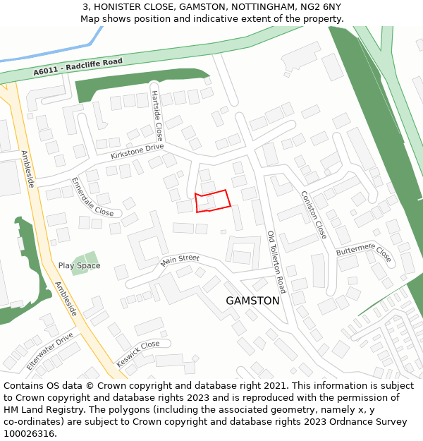 3, HONISTER CLOSE, GAMSTON, NOTTINGHAM, NG2 6NY: Location map and indicative extent of plot