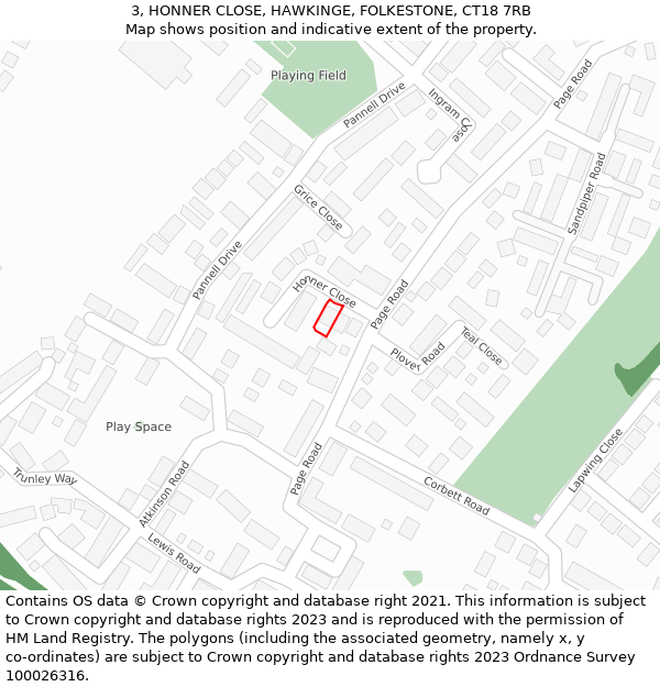 3, HONNER CLOSE, HAWKINGE, FOLKESTONE, CT18 7RB: Location map and indicative extent of plot