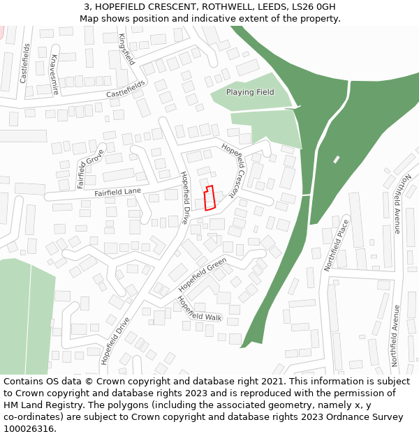 3, HOPEFIELD CRESCENT, ROTHWELL, LEEDS, LS26 0GH: Location map and indicative extent of plot