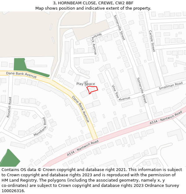 3, HORNBEAM CLOSE, CREWE, CW2 8BF: Location map and indicative extent of plot