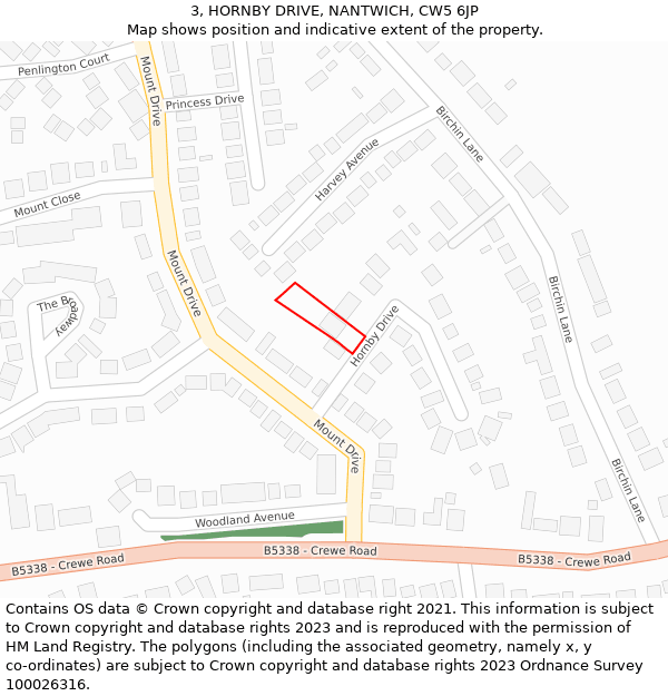 3, HORNBY DRIVE, NANTWICH, CW5 6JP: Location map and indicative extent of plot
