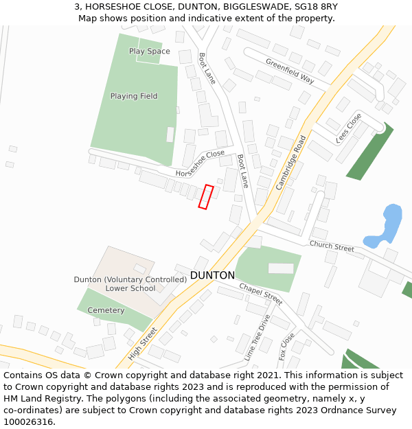 3, HORSESHOE CLOSE, DUNTON, BIGGLESWADE, SG18 8RY: Location map and indicative extent of plot