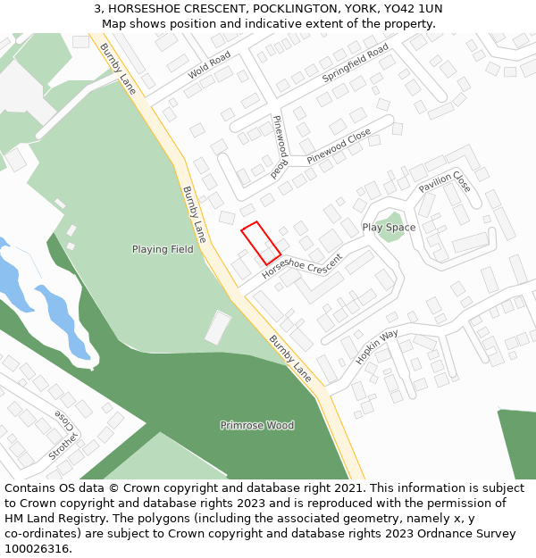 3, HORSESHOE CRESCENT, POCKLINGTON, YORK, YO42 1UN: Location map and indicative extent of plot