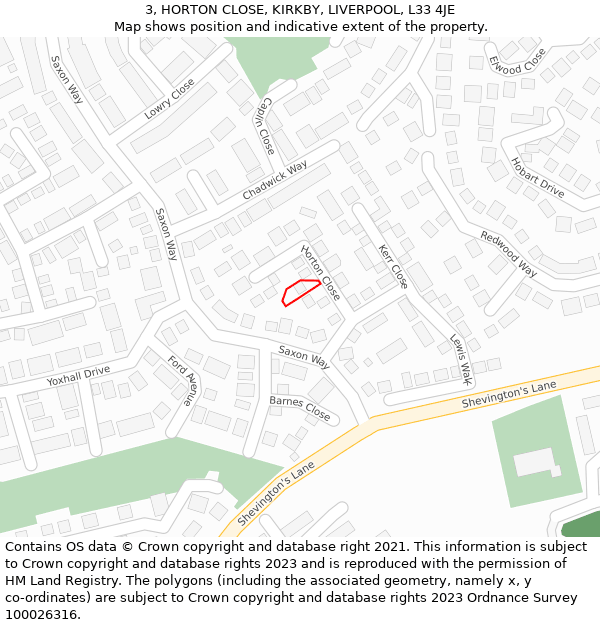 3, HORTON CLOSE, KIRKBY, LIVERPOOL, L33 4JE: Location map and indicative extent of plot