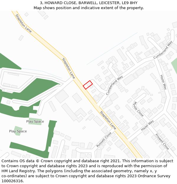 3, HOWARD CLOSE, BARWELL, LEICESTER, LE9 8HY: Location map and indicative extent of plot