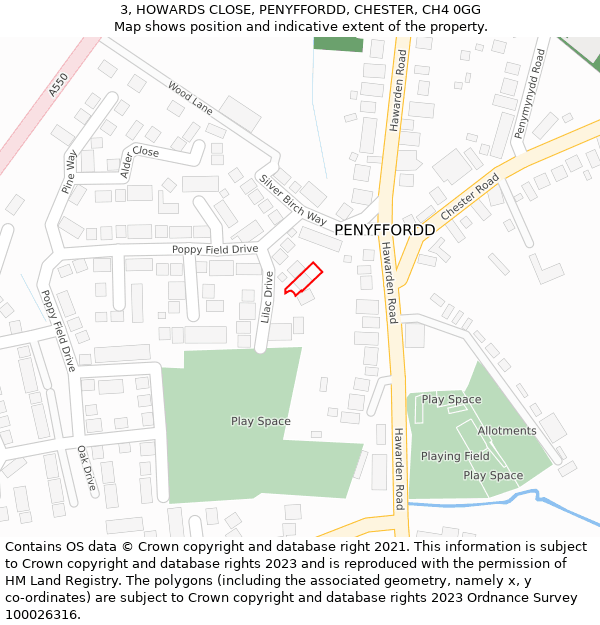 3, HOWARDS CLOSE, PENYFFORDD, CHESTER, CH4 0GG: Location map and indicative extent of plot